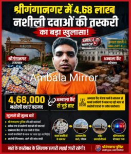 श्रीगंगानगर में 4.68 लाख नशीली दवाओं की तस्करी का खुलासा,अंबाला कैंट से जुड़े तार,अंबाला कैंट में एक फर्म के माध्यम से फार्मा कंपनियों के नाम पर बड़ी मात्रा में नशीली दवाओं का अवैध कारोबार ?