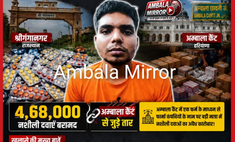 श्रीगंगानगर में 4.68 लाख नशीली दवाओं की तस्करी का खुलासा,अंबाला कैंट से जुड़े तार,अंबाला कैंट में एक फर्म के माध्यम से फार्मा कंपनियों के नाम पर बड़ी मात्रा में नशीली दवाओं का अवैध कारोबार ?