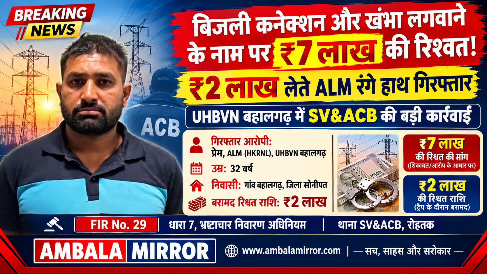बिजली कनेक्शन और खंभा लगवाने के नाम पर ₹7 लाख की रिश्वत का मामला! ₹2 लाख लेते ALM रंगे हाथ गिरफ्तार